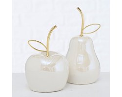 Boltze Home Decoratieve Appel & Peer Set van 2 - Woondecoratie Wit/Goud - Dolomiet Keramiek - Fruitbeeldjes - Ornamenten - H12 cm