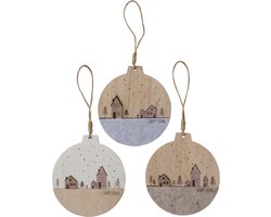 Boltze Home Decoratieve hanger Homewood in de vorm van kerstbal met dessin van huisjes met kerstbomen- gemaakt van hout en vilt - Dia 12cm