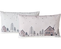 Boltze Home Kussen Homewood, 2 ass., Polyester / 100%, Huis, Veelkleurig, Motief, Beige, Lichtgrijs, Wit