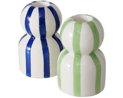 Boltze - Kaarsenhouder - Kandelaar - Set van 2 - Keramiek - Stripe - Wit/ Blauw en Wit/Groen - 6.2x10cm