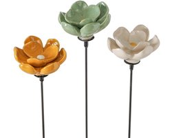Boltze -Tuinstekers - Bloemen - Set van 3 - Keramiek - 62,5 cm hoog - Groen,Wit,Geel