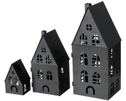 Boltze - Waxine Huisjes - Huisjes - Lantaarn huisjes - set van 3 - Metaal - Zwart - 37, 25 en 15cm hoog