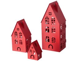 Boltze - Waxine Huisjes - Huisjes - Windlichten- Lantaarn - Set van 3 - Metaal - Rood- 37, 25 en 14cm hoog