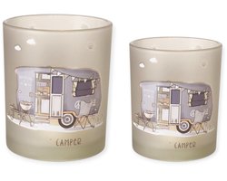 Boltze - Waxinehouders - Set van 2 - Camper - Camperen - Vanlife - 10x9 en 8x7cm - Glas