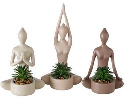 Boltze - Yoga - Plantenpot - Beeld - Sculptuur - Kunstplant - Set van 3 - Bruin, Beige, creme