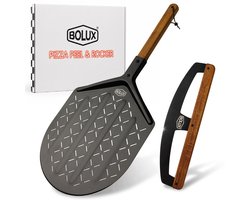 Bolux® Pizzaschep & Pizzasnijder - Geperforeerde Lichtgewicht Aluminium Pizzaschep 63 x 30.5 cm - Inclusief RVS Pizzasnijder - Massief Acaciahout