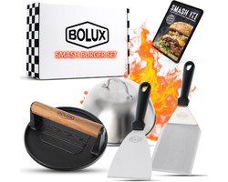 Bolux® - smash burger set - 5 delig - met gratis E-book - bbq - hamburgerpers - smash burger press - gietijzer - bbq accesoires - rvs spatel - melting dome - kamado - vaderdag - kado