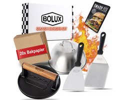 Bolux® Smash Burger Set - 5 delig - met gratis E-book - Hamburgerpers - Press - Gietijzer - BBQ Accesoires - RVS Spatel - Melting dome - Kamado - Vaderdag - Cadeau