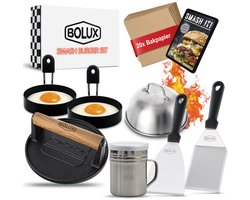 Bolux® Smash Burger Set - 8 delig - met gratis E-book - Hamburgerpers - Press - Gietijzer - BBQ Accesoires - RVS Spatel - Melting dome - 2x Eiringen - Rub shaker - Kamado - Vaderdag - Cadeau