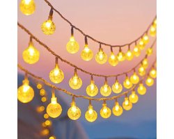 Bolvormige LED-lichtsnoer - Lichtslinger - lichtsnoer buiten – Tuinverlichting – Kristalstijl – 10 meter – 80 LED's – Met afstandsbediening – Werkt op batterijen – PVC – Warmwit