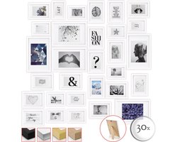 bomoe Emotion Set van 30 Fotolijsten Houten Frames - kunststof glas - 10x 10,5x15cm / 15x 13x18cm / 5x 20x30cm - Metalen Ophanging - Standaard & Passepartout - Wit