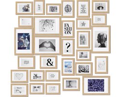 bomoe Emotion Set van 30 Fotolijsten Houten Frames - kunststof glas - 10x 10,5x15cm / 15x 13x18cm / 5x 20x30cm - Metalen Ophanging - Standaard & Passepartout - Eikenhout
