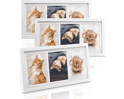 bomoe fotolijst set van 3 - houten fotolijsten met passepartout houten frame en plastic glas & metalen ophanging lijst voor foto's 3 x 3 foto's - wit - Galeria