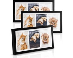 bomoe fotolijst set van 3 - houten fotolijsten met passepartout houten frame en plastic glas & metalen ophanging lijst voor foto's 3 x 3 foto's - zwart - Galeria