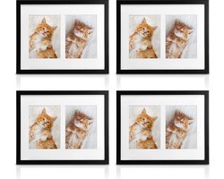 bomoe fotolijsten set van 4 - houten fotolijst met passepartout houten frame en plastic glas & metalen ophanging lijst voor foto's 4 x 2 foto's - zwart - Galeria