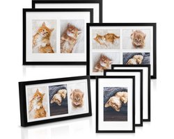 bomoe fotolijsten set van 7- houten fotolijst met passe-partout & kunststof glazen lijst voor foto's 1x 4 foto's 1 x 3 foto's 2 x 2 foto's 3 x 1 foto - Zwart - Galeria