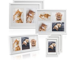 bomoe fotolijsten set van 7- houten fotolijst met passe-partout & kunststof glazen lijst voor foto's 1x 4 foto's 1 x 3 foto's 2 x 2 foto's 3 x 1 foto - Wit - Galeria