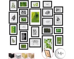 bomoe Nature Set van 24 Fotolijsten Houten Picture Frames - 10x 10,5x15cm / 8x 13x18cm / 4x 15x20cm / 2x 20x30cm - kunststof glas Fotolijst van Hout - Metalen Ophanging - Standaard & Passepartout - Zwart