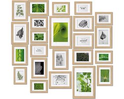 bomoe Nature Set van 24 Fotolijsten Houten Picture Frames - 10x 10,5x15cm / 8x 13x18cm / 4x 15x20cm / 2x 20x30cm - kunststof glas Fotolijst van Hout - Metalen Ophanging - Standaard & Passepartout - Eikenhout