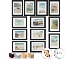bomoe Ocean Set van 12 Fotolijsten Houten Picture Frames – 12 x 13x18cm Fotolijst Zwart van Hout met Kunststof Glas  - Metalen Ophanging, Standaard & Passepartout