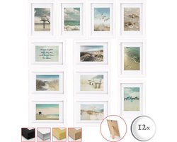 bomoe Ocean Set van 12 Fotolijsten Houten Picture Frames – 12 x 13x18cm – Kunststof glas Fotolijst van Hout - Metalen Ophanging - Standaard & Passepartout - Wit