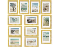 bomoe Ocean Set van 12 Fotolijsten Houten Picture Frames – 12 x 13x18cm – Kunststof glas Fotolijst van Hout - Metalen Ophanging - Standaard & Passepartout - Goud