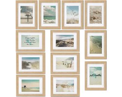 bomoe Ocean Set van 12 Fotolijsten Houten Picture Frames – 12 x 13x18cm – Kunststof glas Fotolijst van Hout - Metalen Ophanging - Standaard & Passepartout - EikenHout