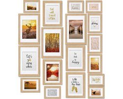 bomoe Passion – Fotolijst Collage Eiken Hout – 18 Fotolijsten (10,5x15cm, 13x18cm, 18x24cm, 20x30cm) – Kunststof Glas – Metalen Ophanging – Standaard & Passepartout