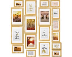 bomoe Passion – Fotolijst Collage Hout – 18 Fotolijsten Goud (10,5x15cm, 13x18cm, 18x24cm, 20x30cm) – Kunststof Glas – Metalen Ophanging – Standaard & Passepartout