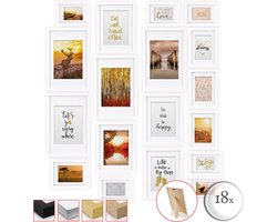 bomoe Passion – Fotolijst Collage Hout – 18 Fotolijsten Wit (10,5x15cm, 13x18cm, 18x24cm, 20x30cm) – Kunststof Glas – Metalen Ophanging – Standaard & Passepartout