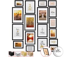 bomoe Passion – Fotolijst Collage Hout – 18 Fotolijsten Zwart (10,5x15cm, 13x18cm, 18x24cm, 20x30cm) – Kunststof Glas – Metalen Ophanging – Standaard & Passepartout