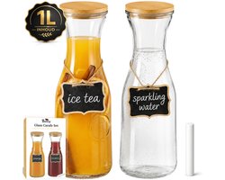 Boncy® Glazen Karaf - Set van 2 - Waterkan met Bamboe Deksel - Waterkaraf 1 Liter - Schenkkan van Glas - karaffen Water Kan Carafe