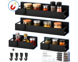 Boncy® Kruidenrek Ophangbaar - 4 Stuks Magnetisch - Keukenrek Zonder Boren - Keuken Organizers - Hangend Kruidenrekje Organizer voor Koelkast - Kruidenrekken met Haakjes - Wandrek Specerijen Rek