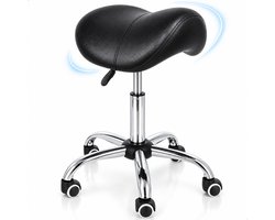 Boncy® Luxe Zadelkruk - Ergonomische Kruk Op Wielen - Kapperskruk Ergonomisch - Tabouret Draaikruk - Leren Zadelstoel - In Hoogte Verstelbaar - Tot 150kg Belastbaar - 50-70cm - Zwart Chrome