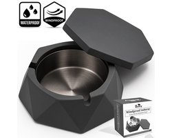 Boncy® Premium Asbak met Deksel - Hexa Cement & RVS - Zwart Asbakken voor Buiten en Binnen - Asbak Auto - Terras Grote Stormasbak Weersbestendig