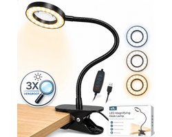 Boncy® Premium Loeplamp met LED Verlichting - Staande Loep Vergrootglas - Flexibele Looplamp met Tafelklem - Hobbylamp Borduurlamp - Dimbare Tafelloep met USB Snoer - Tafel Loeplampen - 3x Vergroting - 3 Kleurmodi