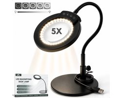 Boncy® Premium Loeplamp met LED Verlichting - Staande Loep Vergrootglas - Flexibele Looplamp op Standaard - Hobbylamp Borduurlamp Verstelbaar - Dimbare Tafelloep met USB Snoer - Tafel Loeplampen - 5x Vergroting - 5 Kleurmodi