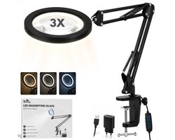 Boncy® Premium Loeplamp met LED Verlichting - Staande Loep Vergrootglas - Verstelbare Looplamp met Tafelklem - Hobbylamp Borduurlamp - Dimbare Tafelloep met USB Snoer - Tafel Loeplampen - 3x Vergroting - 3 Kleurmodi