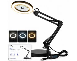 Boncy® Premium Loeplamp met LED Verlichting - Staande Loep Vergrootglas - Verstelbare Looplamp op Standaard - Hobbylamp Borduurlamp - Dimbare Tafelloep met USB Snoer - Tafel Loeplampen - 3x Vergroting - 3 Kleurmodi
