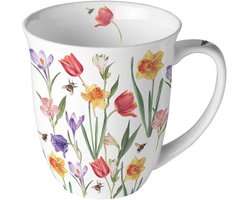 Bone China Mok - Porseleinen Kopje - Koffie of Thee - Bloemen en Bijen Design - 400 ml - Meerkleurig