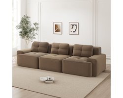 Boneloze modulaire bank, moderne woonkamerbank met lage zit, comfortabele katoenen fluwelen wolkbank, 3-zits kleinbank, slaapbank, bruin