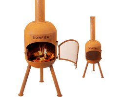 BonFeu BonSolo Roestkleurige Tuinhaard – Buitenhaard Houtgestookt met Grill – Terrashaard Houtkachel voor Buiten – Cortenstaal – 34×34×126 cm