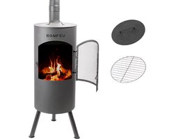 BonFeu BonTino Lp Zwart Tuinhaard Staal - Houtkachel met Grill - Buitenkoken - Tuinkachel voor Sfeervolle Avonden - 35x35x164 cm