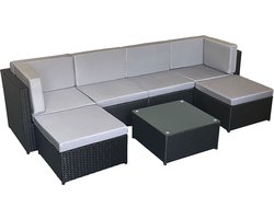 BONIFACIO tuinmeubelset van zwart gevlochten kunststof, 6 zitplaatsen - grijs kussen