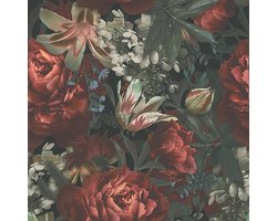 BONTE BLOEMEN BEHANG | Botanisch - zwart crème groen rood - A.S. Création PintWalls II
