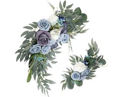 Boog met kunstbloemen - Decoratieve rozen - Feestelijke aankleding - Duurzaam materiaal - 64 x 40 cm - Blauw