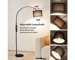 Booglamp met Afstandsbediening – Dimbare Vloerlamp met LED E27, Zwarte Design Booglamp met Stoffen Kap (33 cm) – Verstelbare Arm, Kleurtemperatuur 2700–6500K, Voetschakelaar – Vintage & Moderne Woonkamerlamp