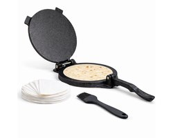 BooGoo® Tortilla Pers Ø20cm – Inclusief Kook Ebook – Bakkwast en 100 stuks Persvellen – Taco & Roti Maker – Gietijzer – Gietijzeren tortilla pers – voor zelf tortilla’s en taco’s maken – handmatige tortilla press