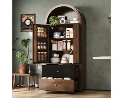 Boogvormige kast 80x40x180cm - keukenkast - vitrinekast - wijnkast - open bovenste vak - 2 lades - walnootkleur