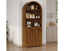 Boogvormige Opbergkast - 183 cm hoog - Houten Boekenkast met Deuren & Open Vakken - Walnoot en Goud - Vintage Servieskast / Voorraadkast